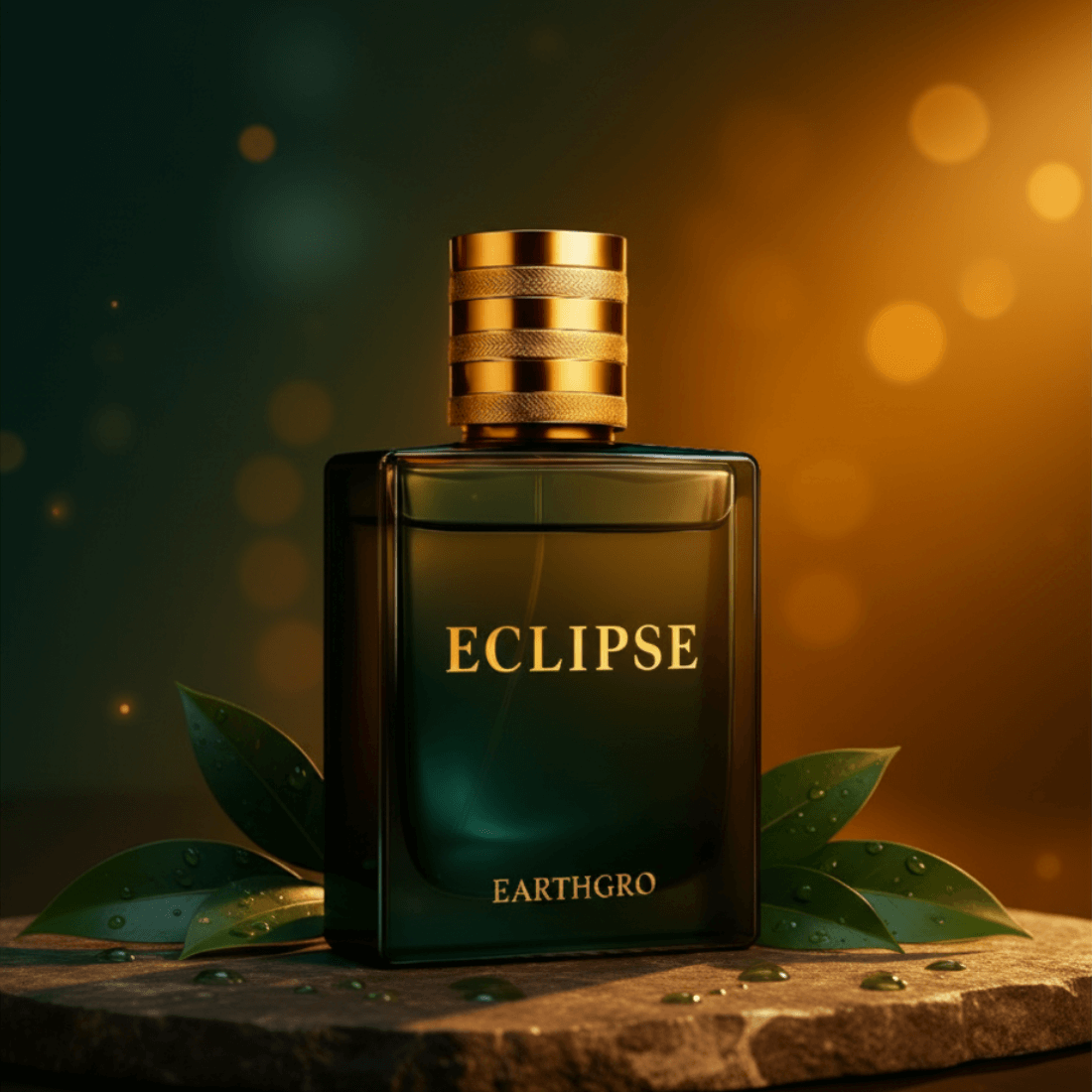 ECLIPSE mens fragrance by Max Millies displayed in a stylish bottle, surrounded by leaves and a warm, glowing background.